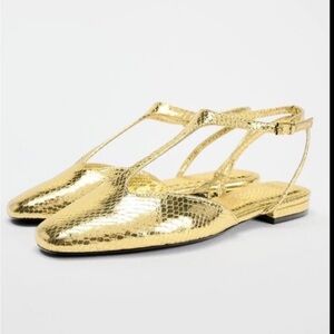Zara Gold Women's T-Strap Flats